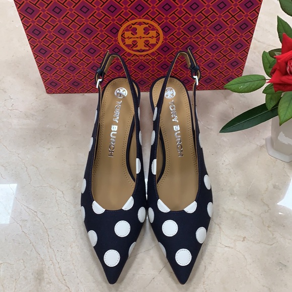 TORY BURCH CANVAS NAVY SLINGBACK PUMP WITH LEATHER POLKA DOTS IN WHITE SIZE 7, 8 - Picture 13 of 15